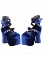 Blue Gothic Velvet Crossover Strap Platform High Heel Shoes