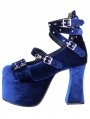 Blue Gothic Velvet Crossover Strap Platform High Heel Shoes