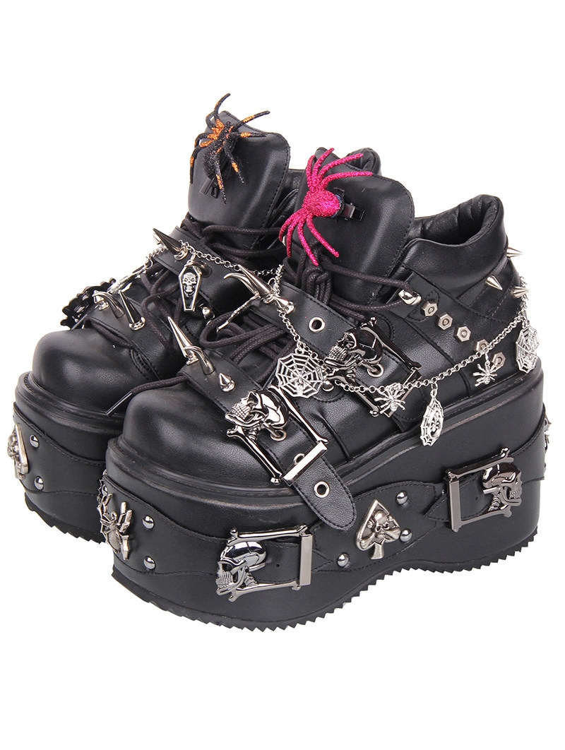 Black Gothic Punk Spiked Spider Decor Platform Ankle Boots