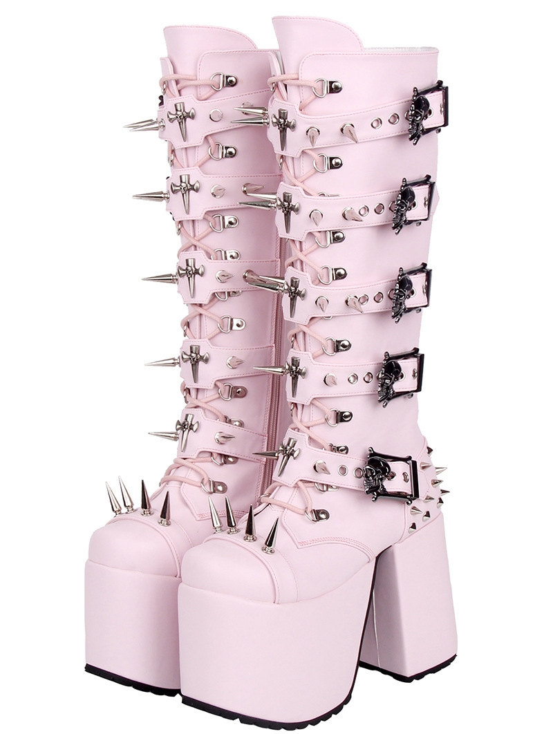 Pink Punk Gothic Lace Up Chunky Platform High Heel Boots