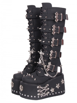 Black Gothic Punk Bat Buckle Skull Star Studded Wedge Platform Boots