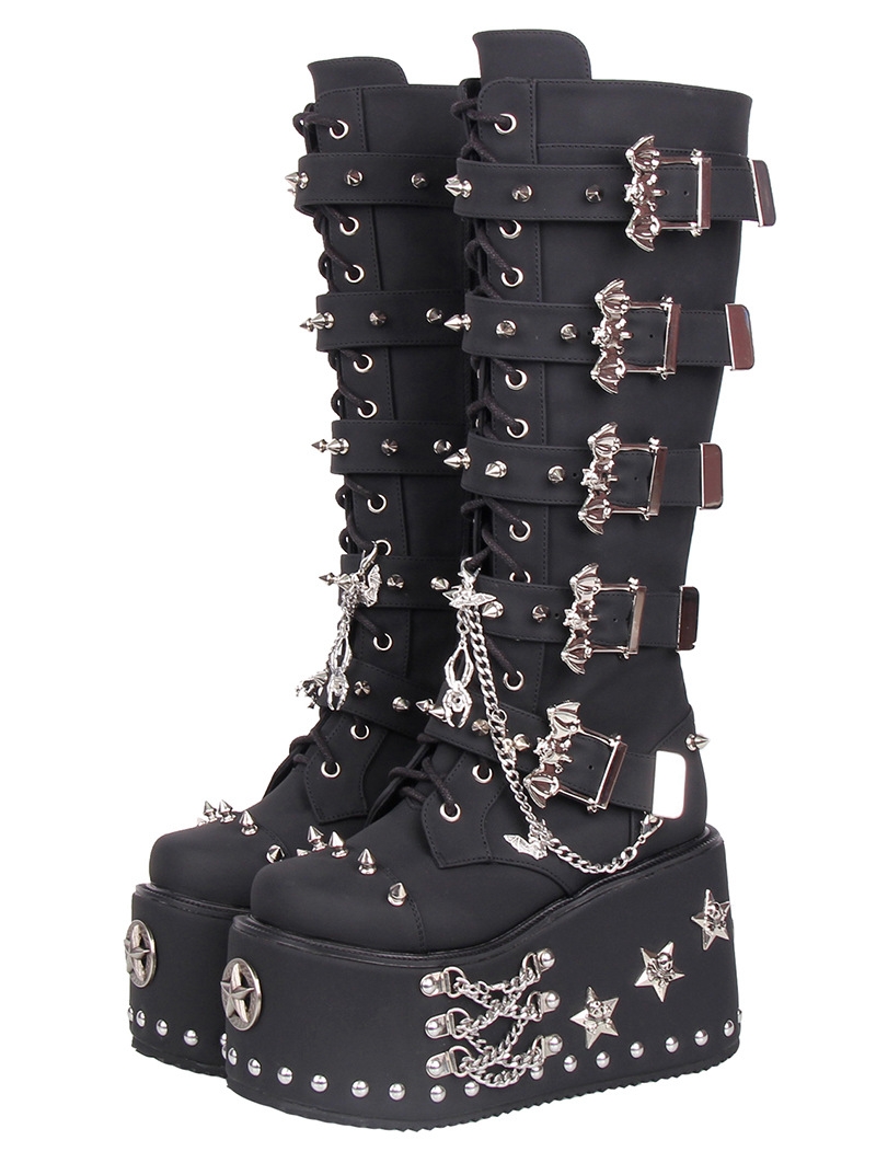 Black Gothic Punk Bat Buckle Skull Star Studded Wedge Platform Boots