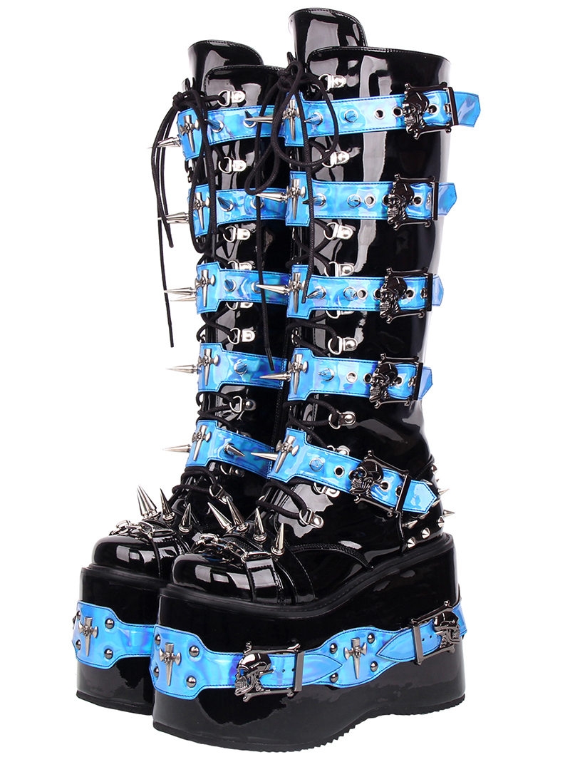 Black and Blue Gothic Punk Patchwork Platform Knee High Boots