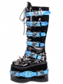 Black and Blue Gothic Punk Patchwork Platform Knee High Boots
