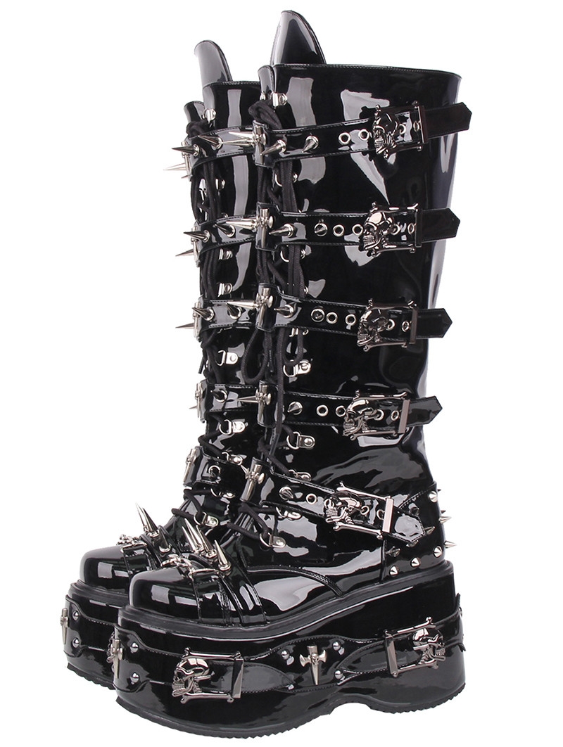 Black Gothic Skull Buckled Punk Platform Knee High Boots