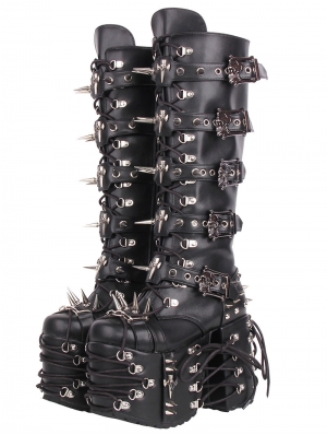 Black Punk Gothic Skull Buckle Rivet Platform Knee High Boots