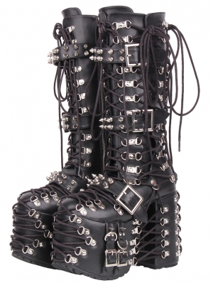 Black Gothic Punk Lace-Up Studded Platform High Heel Boots