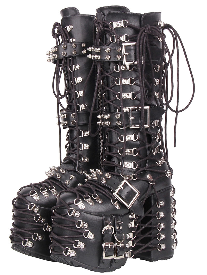Black Gothic Punk Lace-Up Studded Platform High Heel Boots