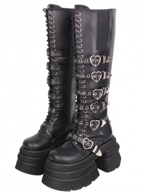 Black Gothic Punk Heart Buckle Stacked Platform Boots
