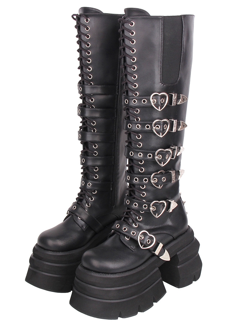 Black Gothic Punk Heart Buckle Stacked Platform Boots
