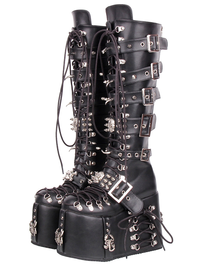 Black Gothic Punk Rivet Platform Buckled Lace-Up Boots
