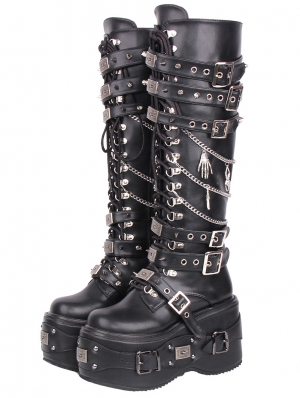 Black Gothic Punk Metal Decor Platform Boots with Chain