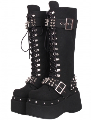 Black Gothic Punk Buckle Rivets Double Platform Boots