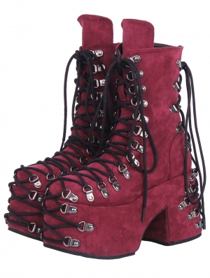 Wine Red Gothic Punk Velvet Eyelet Crossover Strap Platform Heel Boots