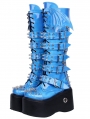 Blue Gothic Punk Batwing Spike Studded Platform Knee High Boots