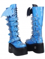 Blue Gothic Punk Batwing Spike Studded Platform Knee High Boots