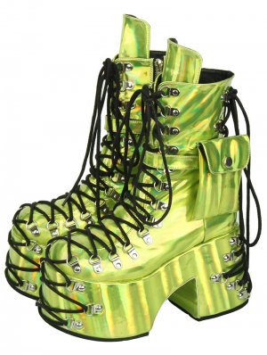 Green Punk Gothic Strappy Chunky Platform Boots with Pouch