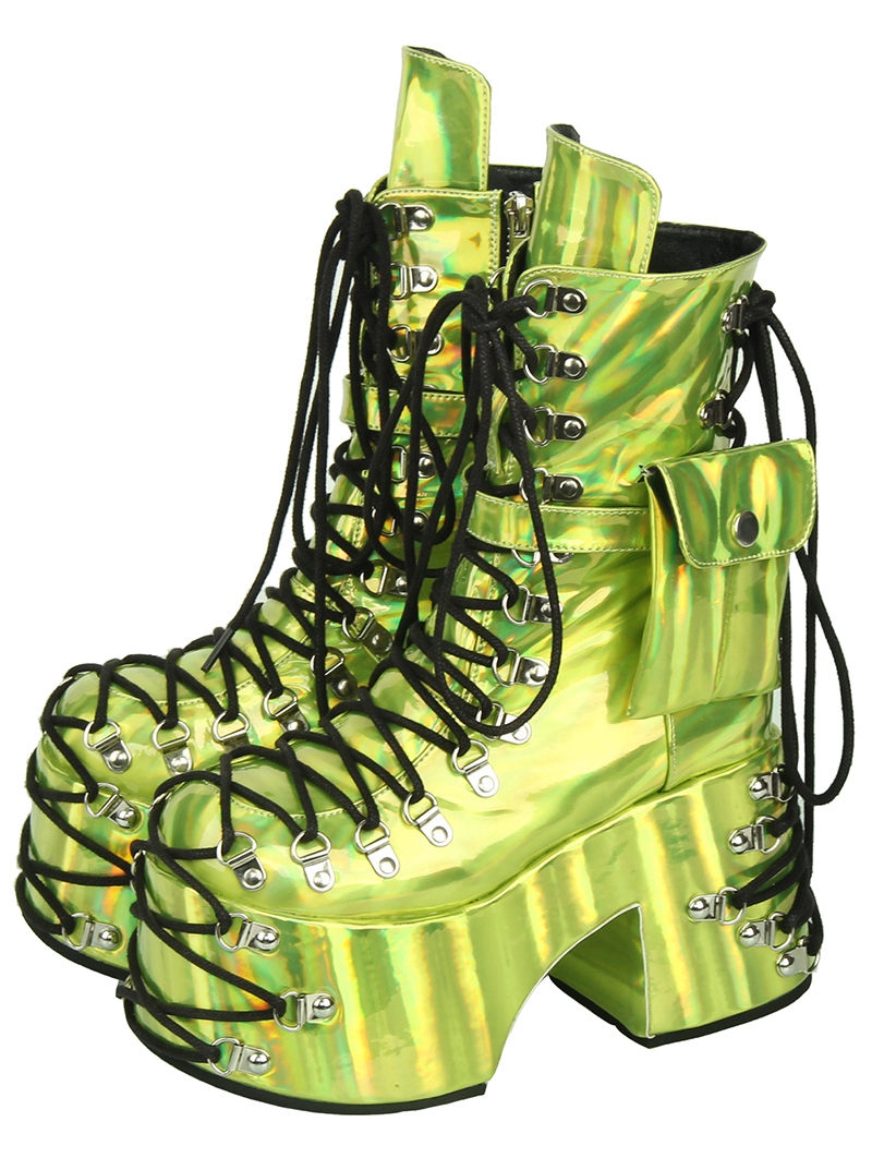 Green Punk Gothic Strappy Chunky Platform Boots with Pouch