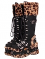 Black Gothic Punk Leopard Print Fur Trim Buckled Platform Boots
