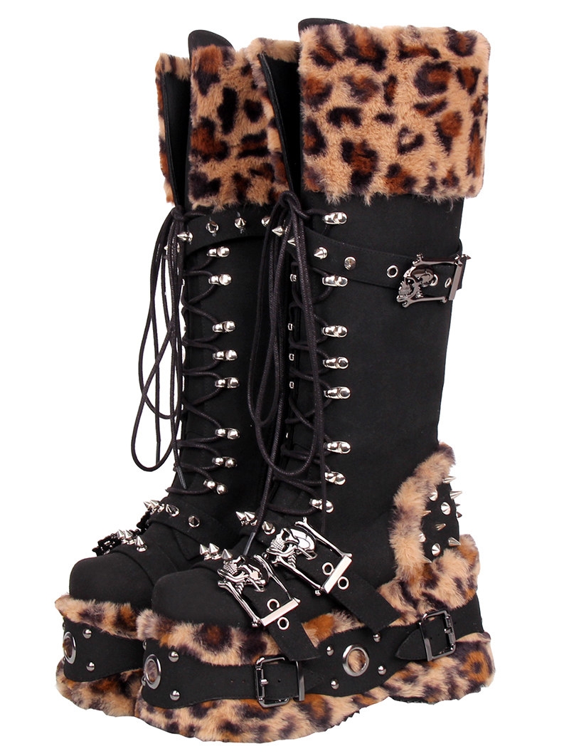 Black Gothic Punk Leopard Print Fur Trim Buckled Platform Boots