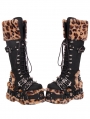 Black Gothic Punk Leopard Print Fur Trim Buckled Platform Boots