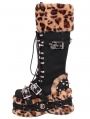 Black Gothic Punk Leopard Print Fur Trim Buckled Platform Boots