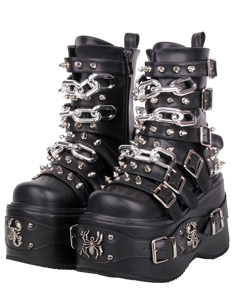Black Gothic Punk Studded Belt Strap Platform Boots
