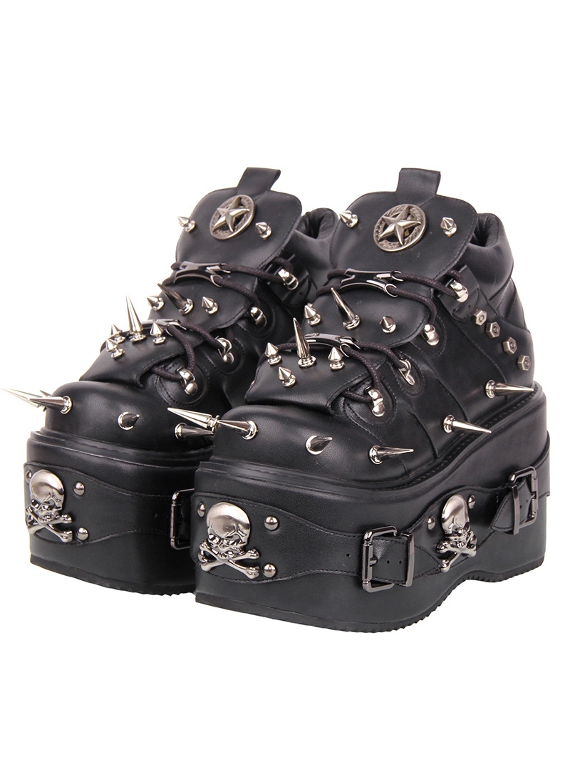 Black Punk Gothic Skull Studded High Platform Ankle Boots