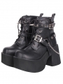 Black Gothic Punk O-Ring Harness Block Heel Boots with Chain