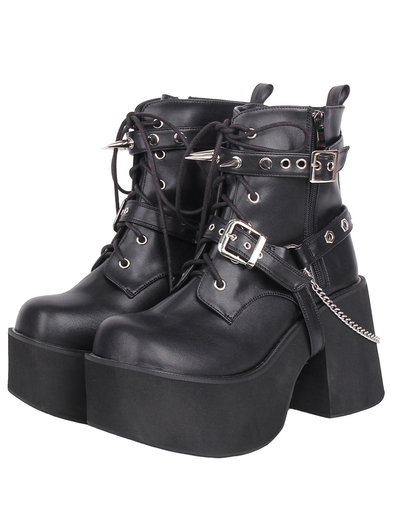 Black Gothic Punk O-Ring Harness Block Heel Boots with Chain