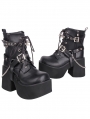 Black Gothic Punk O-Ring Harness Block Heel Boots with Chain