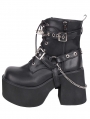 Black Gothic Punk O-Ring Harness Block Heel Boots with Chain