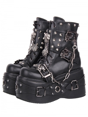 Black Gothic Punk Buckle Chain Platform Leather Combat Boots