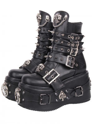 Black Gothic Skull Heart Studded Punk O-Ring Platform Boots
