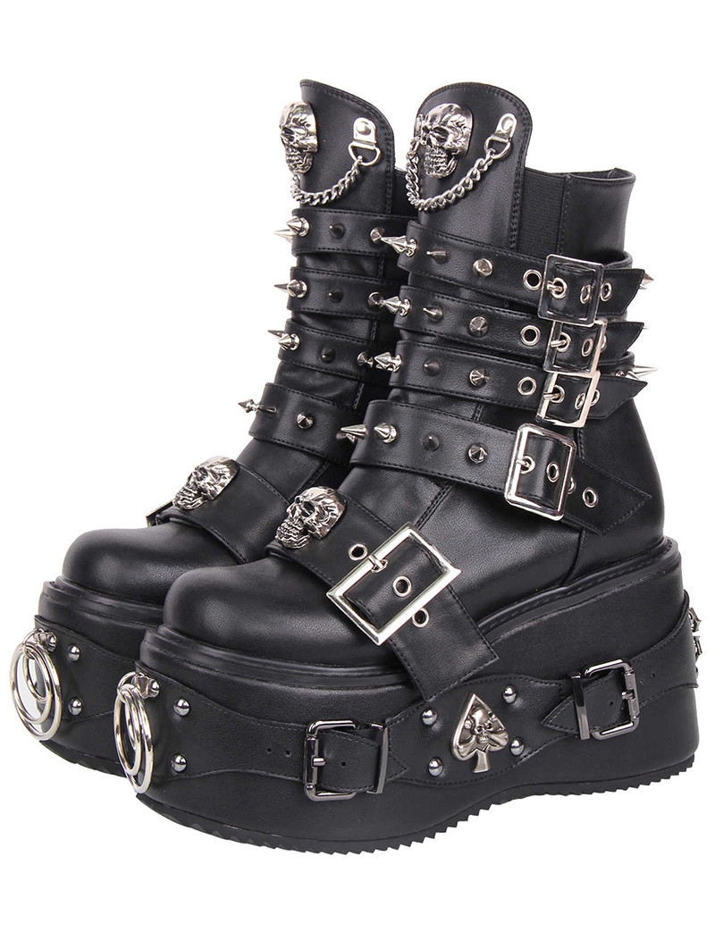 Black Gothic Skull Heart Studded Punk O-Ring Platform Boots