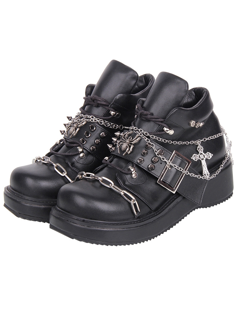 Black Gothic Spider Cross Chain Round Toe Platform Shoes