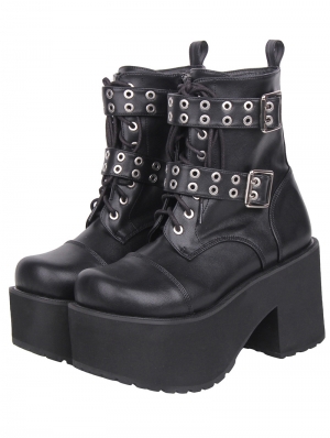 Black Gothic Punk Buckle Eyelet Lace-Up Heeled Combat Boots