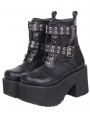 Black Gothic Punk Buckle Eyelet Lace-Up Heeled Combat Boots