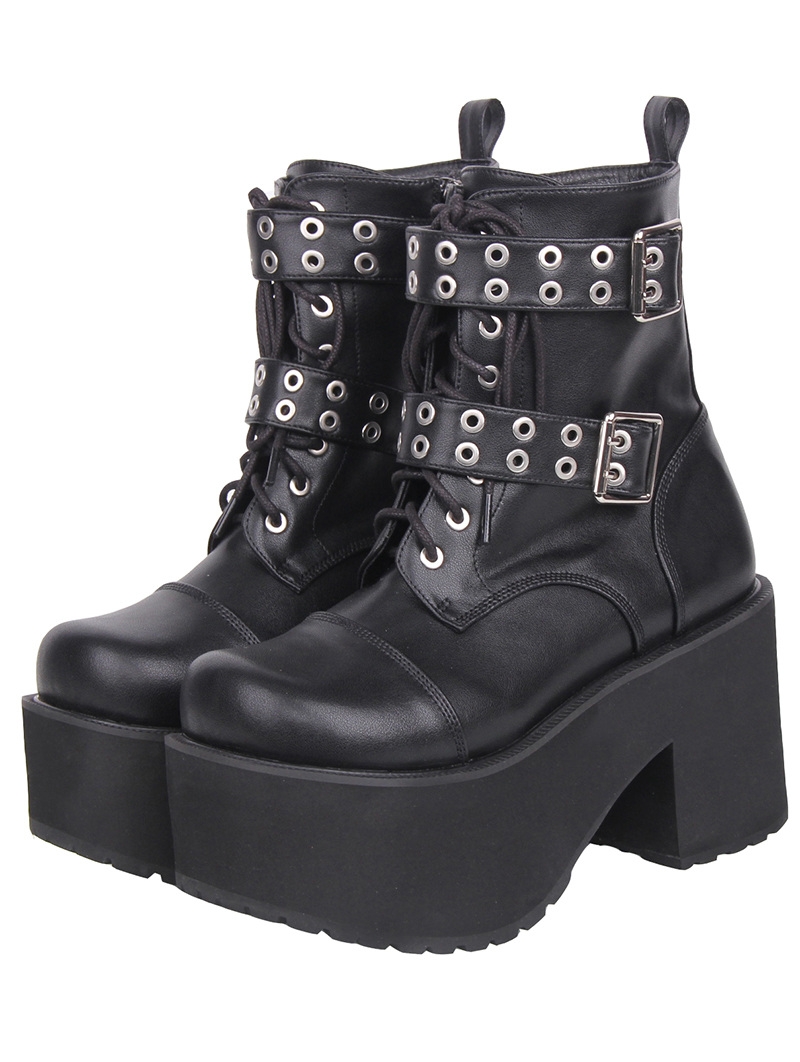 Black Gothic Punk Buckle Eyelet Lace-Up Heeled Combat Boots