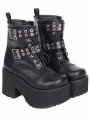 Black Gothic Punk Buckle Eyelet Lace-Up Heeled Combat Boots