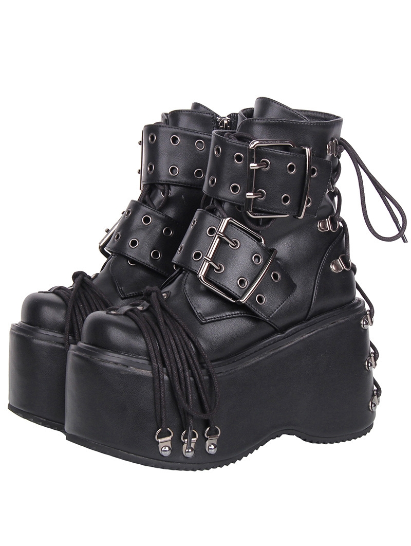 Black Gothic Punk Belt Buckle Platform Combat Ankle Boots