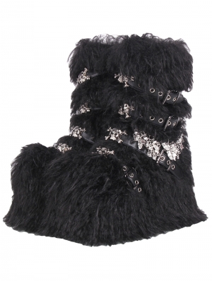 Black Gothic Punk Furry Skull Crossbone Buckle Strap Platform Boots