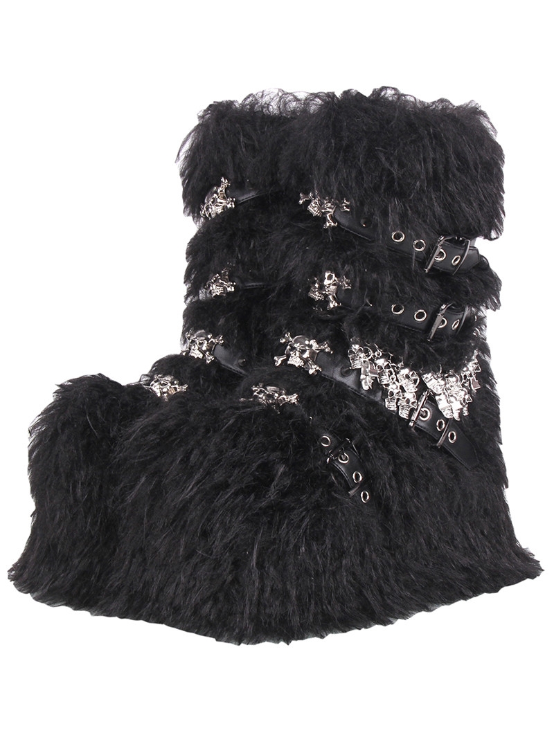 Black Gothic Punk Furry Skull Crossbone Buckle Strap Platform Boots