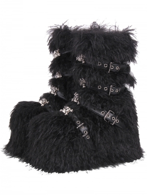 Black Gothic Punk Fluffy Faux Fur Platform Boots with Straps