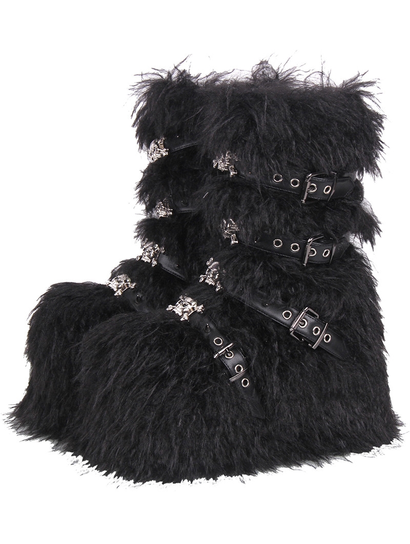 Black Gothic Punk Fluffy Faux Fur Platform Boots with Straps