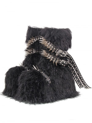 Black Gothic Punk Spiked Rivet Platform Fur Mid-Calf Boots