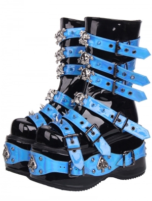 Black and Blue Gothic Punk Skull Stud Strap Platform Boots