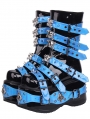 Black and Blue Gothic Punk Skull Stud Strap Platform Boots