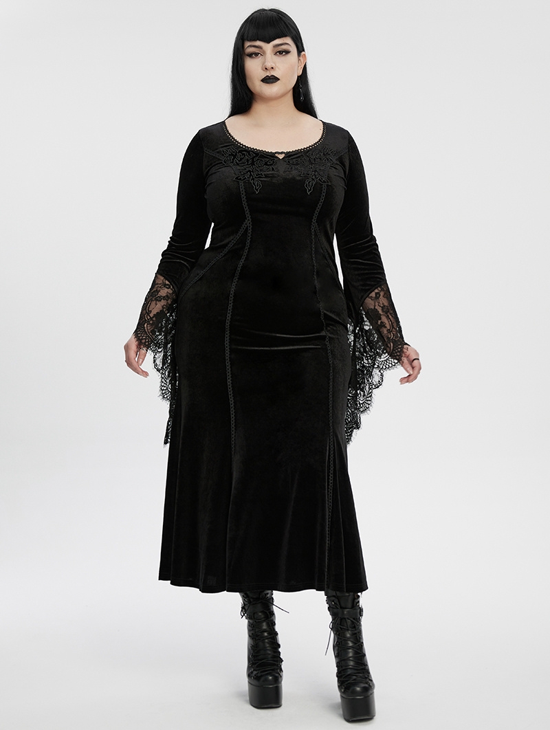 Black Gothic Velvet Long Sleeve Fishtail Plus Size Maxi Dress