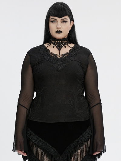 Black Sexy Gothic Irregular Flared Mesh Sleeve Plus Size Shirt for Women